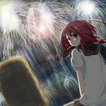  :/ bad_id bad_pixiv_id blurry casual cup depth_of_field fireworks looking_at_viewer looking_back original red_eyes red_hair sasahara_wakaba sitting solo summer teacup 