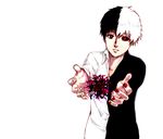  asymmetrical_clothes black_hair black_sclera blouse brown_eyes heterochromia kaneki_ken male_focus mismatched_sclera multicolored_hair nail_polish outstretched_arms red_eyes red_nails solo tokyo_ghoul transformation white_background white_hair xino 