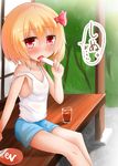  blonde_hair blush bow collarbone food hair_bow highres koji_(kohei66) licking popsicle red_eyes rumia shorts solo strap_slip summer sweat tank_top touhou 