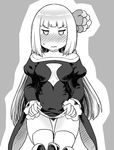  blush bravely_default:_flying_fairy bravely_default_(series) bravely_second:_end_layer breasts cleavage cleavage_cutout commentary_request dress dress_lift flower full-face_blush greyscale hair_flower hair_ornament magnolia_arch medium_breasts monochrome no_panties pubic_hair solo sweatdrop thigh_gap thighhighs tsukudani_(coke-buta) 
