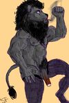  black_fur cigarette feline fist fur legwear lion mammal muscles nipple_piercing nipples penis piercing plain_background raised_leg smoking standing stickyfeathers stockings tan_background uncut uncut_penis 