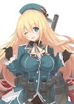  atago_(kantai_collection) beret black_gloves blonde_hair blue_dress blue_eyes blush dress frilled_sleeves frills gloves hat highres kagerou_(shadowmage) kantai_collection long_hair looking_at_viewer machinery military military_uniform one_eye_closed smile solo turret uniform white_background 