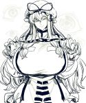  1girl breasts curvy dress eyes gap gigantic_breasts hat head_tilt highres long_hair looking_at_viewer mob_cap monochrome smirk solo space_jin touhou tsurime when_you_see_it yakumo_yukari 