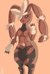  2014 anthro areola big_ears breasts brown_skin claws female fluff fur hairy lagomorph leggings legwear looking_at_viewer lopunny mammal mega_lopunny mega_pokemon nintendo nipples nude pok&eacute;mon pubes rabbit red_eyes solo thighs video_games yugklabs 