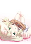  blonde_hair blush futatsuki_hisame green_eyes highres idolmaster idolmaster_cinderella_girls long_hair looking_at_viewer lying on_back open_mouth panties panty_pull pink_panties solo twintails underwear yusa_kozue 