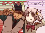  &gt;_o 1girl arm_around_neck bow brown_eyes brown_hair commentary_request crossover facial_hair goatee habatakuhituji hair_ribbon hand_on_shoulder hat horizontal-striped_background kaburagi_t_kotetsu kaname_madoka looking_at_viewer mahou_shoujo_madoka_magica one_eye_closed pink_eyes pink_hair ribbon school_uniform short_twintails smile striped striped_background tiger_&amp;_bunny tongue tongue_out translation_request twintails v_over_eye vest 