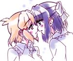  2girls black_hair blonde_hair couple gold_eyes green_hair hair_ornament incipient_kiss kohakura kohinata_miku looking_at_another multiple_girls ribbon school_uniform senki_zesshou_symphogear tachibana_hibiki_(symphogear) uniform yellow_eyes yuri 