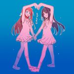  aki_(neyuki41028) alternate_costume alternate_hairstyle black_hair blue_eyes brown_hair dress hair_down heart_arms heart_arms_duo holding_hands long_hair mukaido_manaka multiple_girls nagi_no_asukara sailor_dress school_uniform serafuku shiodome_miuna symmetry 