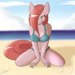  anthro beach bedroom_eyes bikini blue_eyes breasts cleavage clothed clothing equine female friendship_is_magic fur hair hair_over_eye hi_res hooves horse kneeling long_hair looking_at_viewer mammal my_little_pony navel outside pink_fur pink_hair pinkamena_(mlp) pinkie_pie_(mlp) pony seaside silverfox057 smile solo swimsuit 