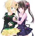  2girls akatsuki_kirika arm_cling black_hair blonde_hair cling couple green_eyes hair_ornament happy looking_at_another multiple_girls pink_eyes senki_zesshou_symphogear simple_background smile star stars tsukuyomi_shirabe twintails yuri 