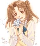  1girl :d blue_flower blue_ribbon bouquet brown_eyes brown_hair eyebrows_visible_through_hair flower happy_birthday head_tilt holding holding_bouquet kannuki_hisui long_hair long_sleeves looking_at_viewer neck_ribbon open_mouth ribbon school_uniform shirt simple_background smile solo tsukihime twintails upper_body vest white_background white_shirt yellow_vest yumizuka_satsuki 