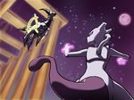  commentary_request floating gen_1_pokemon gen_4_pokemon glowing glowing_eyes habatakuhituji mewtwo moon night night_sky no_humans pillar pokemon pokemon_(creature) purple_eyes red_eyes showdown sky star_(sky) starry_sky tail tower 