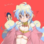  1boy 1girl blue_hair blush breasts breasts_day choker cleavage earrings jewelry large_breasts long_hair multicolored_hair nia_teppelin red_background ribs scissors simon smile symbol-shaped_pupils tengen_toppa_gurren_lagann thread translation_request two-tone_hair underboob yukimitsuki 