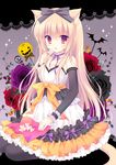  animal_ears breasts cat_ears choker cleavage cookie elbow_pads food frilled_skirt frills halloween hasekura_chiaki holding jack-o'-lantern light_brown_hair long_hair looking_at_viewer medium_breasts open_mouth original purple_eyes ribbon_choker sitting skirt solo wrist_cuffs 