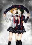  2girls arm_around_waist artist_request blonde_hair couple gold_eyes green_eyes green_hair hand_on_hip hand_on_waist highres kohinata_miku multiple_girls one_eye_closed rain ribbon school_uniform senki_zesshou_symphogear short_hair smile tachibana_hibiki_(symphogear) uniform yellow_eyes yuri 