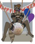  2016 anthro balloon barefoot bdsm biped bondage bound clothed clothing diaper ear_piercing ear_ring english_text eyebrows feces feet fur gag gagged hair holidays humanoid_feet looking_at_viewer male mammal messy_diaper new_year pacifier paper_paws piercing procyonid raccoon sagging_diaper scat signature soiling solo suspension text topless urine watersports wet_diaper wetting 