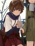  animal_ears brown_eyes brown_hair cup goggles goggles_on_head japanese_clothes katana katou_keiko katou_takeko looking_at_viewer military military_uniform multiple_girls out_of_frame scarf shibafu_(glock23) short_hair smile sword uniform weapon world_witches_series 