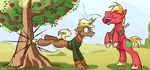  2014 apple big_macintosh_(mlp) blonde_hair clothing comb cutie_mark duo earth_pony equine eyes_closed eyewear freckles friendship_is_magic fruit glasses grass gsphere hair horn horse male mammal my_little_pony outside pony purple_eyes tree trenderhoof_(mlp) 