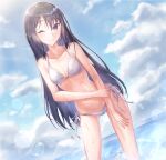  1girl bangs bikini black_hair blue_sky breasts cleavage cloud collarbone day dutch_angle eyebrows_visible_through_hair grin hair_between_eyes halterneck highres leaning_forward long_hair looking_at_viewer narrow_waist navel ocean outdoors princess_connect! purple_eyes rei_(princess_connect!) shiny shiny_hair side-tie_bikini sky small_breasts smile solo standing straight_hair string_bikini swimsuit very_long_hair white_bikini yonji_jukugo 