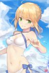  1girl ahoge artoria_pendragon_(all) artoria_pendragon_(swimsuit_archer) bare_shoulders bikini blonde_hair blue_bow blue_ribbon blue_sky bow braided_bun breasts cleavage cloud day eyebrows_visible_through_hair fate/grand_order fate_(series) goemon1110 green_eyes grin groin hair_between_eyes hair_ribbon halterneck highres looking_at_viewer navel outdoors ribbon short_hair sky small_breasts smile solo standing swimsuit wet white_bikini 