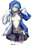  aki663 alternate_breast_size blue_eyes blue_hair blush bodypaint breasts cleavage daze_(kagerou_project) ene_(kagerou_project) facial_mark headphones highres hood hoodie jacket kagerou_project large_breasts long_hair navel no_bra one_eye_closed open_clothes open_jacket open_mouth skirt smile solo 