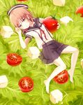  :o barefoot beret blush boyano brown_eyes brown_hair cherry_tomato food hat in_food lettuce looking_at_viewer lying midriff minigirl navel on_back open_mouth original pleated_skirt salad school_uniform serafuku skirt solo suspenders tomato uniform 