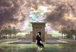  alternate_color alternate_costume barefoot black_dress black_hair black_sleeves bow brown_eyes cloud cloudy_sky day detached_sleeves dress gate hair_bow hakurei_reimu highres long_hair pool reflection scenery sky solo touhou tree very_long_hair yukishiro_arute 