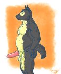  2014 animal_genitalia anthro balls canine canine_penis chubby erection male mammal nude orange_background penis plain_background smile solo standing stickyfeathers wolf 