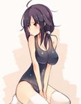  alternate_costume bad_id bad_pixiv_id blush breasts highres hiiragi_hajime kantai_collection large_breasts long_hair one-piece_swimsuit purple_hair red_eyes school_swimsuit sitting solo swimsuit taigei_(kantai_collection) thighhighs v_arms 
