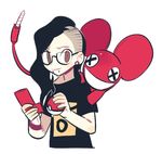  barbell_piercing black_hair brown_eyes deadmau5 earrings gauge glasses holding holding_poke_ball jack_plug jewelry jotman lip_piercing long_hair male_focus piercing poke_ball poke_ball_(generic) pokedex pokemon skrillex smile undercut wristband 