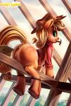  anus applejack_(mlp) back_turned bedroom_eyes blonde_hair caboni32 clitoris clothing construction equine female freckles friendship_is_magic fur green_eyes hair hammer hat hooves horse long_hair looking_at_viewer looking_back mammal my_little_pony nails orange_fur pony presenting pussy raised_tail shirt smile solo 