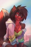  2019 anthro black_hair black_nose breasts canid canine canis clothed clothing day detailed_background digital_media_(artwork) female fur hair koul mammal outside red_fur sitting sky smile solo wolf 