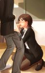  1girl amagami black_legwear blush bonnie_(rsg) brown_eyes brown_hair censored clothed_sex fellatio formal hetero jacket mosaic_censoring oral pantyhose pencil_skirt penis school_uniform shoes short_hair skirt skirt_suit suit takahashi_maya teacher teacher_and_student white_footwear 