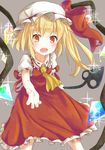 ascot blonde_hair blush bokunenjin bow dress fangs flandre_scarlet frilled_hat frilled_shirt_collar frilled_skirt frills hat hat_bow highres laevatein looking_at_viewer mob_cap open_mouth red_dress red_eyes side_ponytail skirt solo touhou wings 