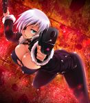  aina_winchester aqua_eyes ass breasts choker cleavage coat covered_nipples dual_wielding eyepatch foreshortening fur_trim gun hair_over_one_eye handgun hisakawa_chin holding large_breasts looking_at_viewer pants revolver short_hair solo taimanin_(series) taimanin_asagi taimanin_asagi_kessen_arena torn_clothes weapon white_hair 
