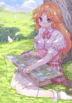  art_brush blonde_hair canvas_(object) dappled_sunlight holding lesley_lopicana long_hair looking_at_viewer mitsumete_knight oge_(ogeogeoge) paintbrush palette pleated_skirt red_eyes sitting skirt smile solo sunlight tree tree_shade 