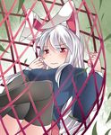  animal_ears bad_id bad_pixiv_id black_legwear blazer breasts bunny_ears commentary_request contemporary hammer_(sunset_beach) in_net jacket long_hair medium_breasts net red_eyes reisen_udongein_inaba silver_hair skirt snare solo thighhighs touhou very_long_hair 