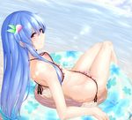  areola_slip areolae bikini blue_hair flat_chest food fruit hair_ornament hinanawi_tenshi innertube long_hair looking_at_viewer looking_back momoiro_lettuce navel peach pink_bikini pink_eyes revision side-tie_bikini sitting smile solo swimsuit touhou very_long_hair water 