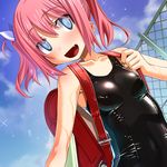  :d backpack bag black_school_swimsuit blue_eyes blush breasts chain-link_fence cloud collarbone covered_navel day dengeki_moeou fang fence one-piece_swimsuit open_mouth original pink_hair randoseru sakuya_tsuitachi school_swimsuit shiny shiny_clothes shiny_swimsuit short_hair short_twintails skindentation sky small_breasts smile solo sparkle swimsuit twintails wet 