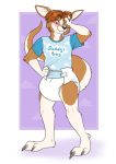 anthro blush claws clothing diaper dracky english_text eyebrows fur hair kangaroo male mammal marsupial shirt simple_background standing text toe_claws 