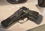  beretta_92 gun handgun highres italian no_humans original photorealistic reflection shadow signature weapon zpo 