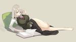  1girl bare_foot bare_legs barefoot book breasts glasses gram_(muneneko) grey_background huge_breasts laying_down looking_at_viewer lying muneneko original pillow silver_hair simple_background solo waistcoat 