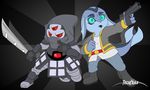  android aquatic bandanna chibi fallen_one_(starbound) figlock hylotl_(starbound) machine mechanical red_eyes robot samurai teal_eyes technijui 