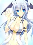  blue_eyes blue_hair blush breasts demon_girl head_wings large_breasts long_hair looking_at_viewer luxuria navel pixiv_succubus pointy_ears smile solo succubus 