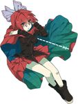  bad_id bad_twitter_id boots bow cape full_body hair_bow hair_ornament henki_(orange) long_sleeves looking_at_viewer open_mouth red_eyes red_hair scissors sekibanki shirt short_hair simple_background skirt solo touhou white_background 
