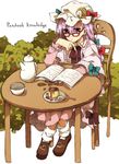  bad_id bad_twitter_id bespectacled book bow capelet chair character_name crescent cup dress food full_body glasses hair_bow hair_ornament hat hat_bow henki_(orange) long_hair long_sleeves looking_at_viewer mob_cap open_book patchouli_knowledge purple_dress purple_eyes purple_hair shoes simple_background sitting socks solo spoon table teacup touhou white_background white_legwear 