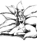  ahri animal_ears arm_up breasts closed_eyes fox_ears fox_tail hal-13 highres large_breasts league_of_legends long_hair monochrome multiple_tails open_mouth simple_background sitting solo tail white_background 