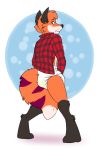  anthro blush canine clothing diaper dracky eyebrows fox fur hair looking_back mammal red_fox shirt simple_background standing urine watersports wet_diaper wetting 