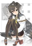  alternate_legwear brown_eyes brown_hair hairband hat headgear highres kantai_collection looking_at_viewer machinery mini_hat reflection short_hair sitting sleeves_past_wrists solo tears thighhighs tokiti tokitsukaze_(kantai_collection) translated turret wavy_mouth 