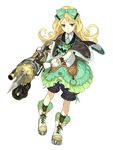  atelier_(series) atelier_shallie black_bloomers blonde_hair bloomers bow capelet expressionless flipped_hair frills full_body gloves green_eyes green_skirt hair_bow hidari_(left_side) long_hair miruca_crotze official_art pile_bunker shoes skirt socks solo underwear white_background 